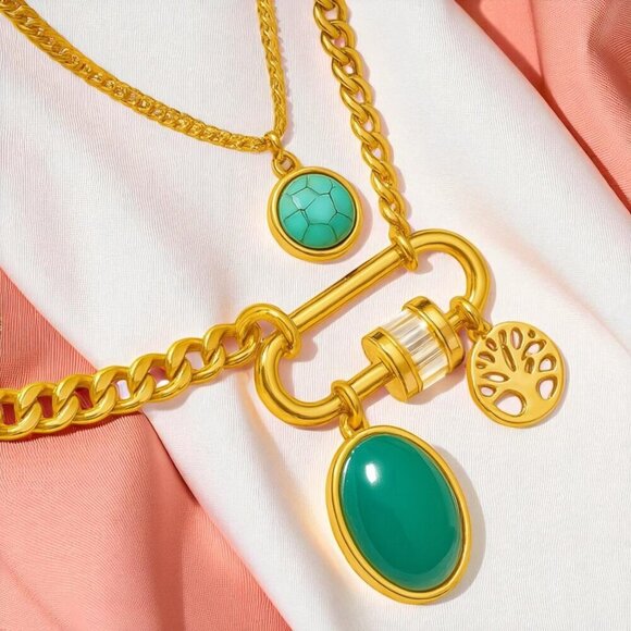 18K Gold Plated Layered Necklace | Turquoise Crystal & Tree of Life Pendant ✨ - Picture 6 of 10